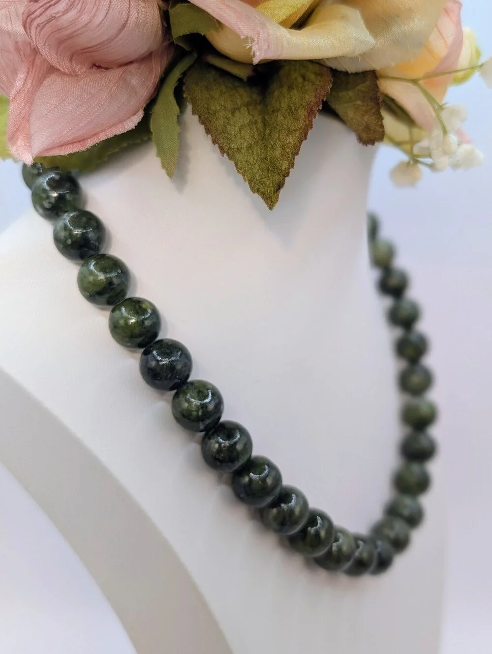 Irish Connemara Marble 12mm Beaded Necklace - 925 Silver